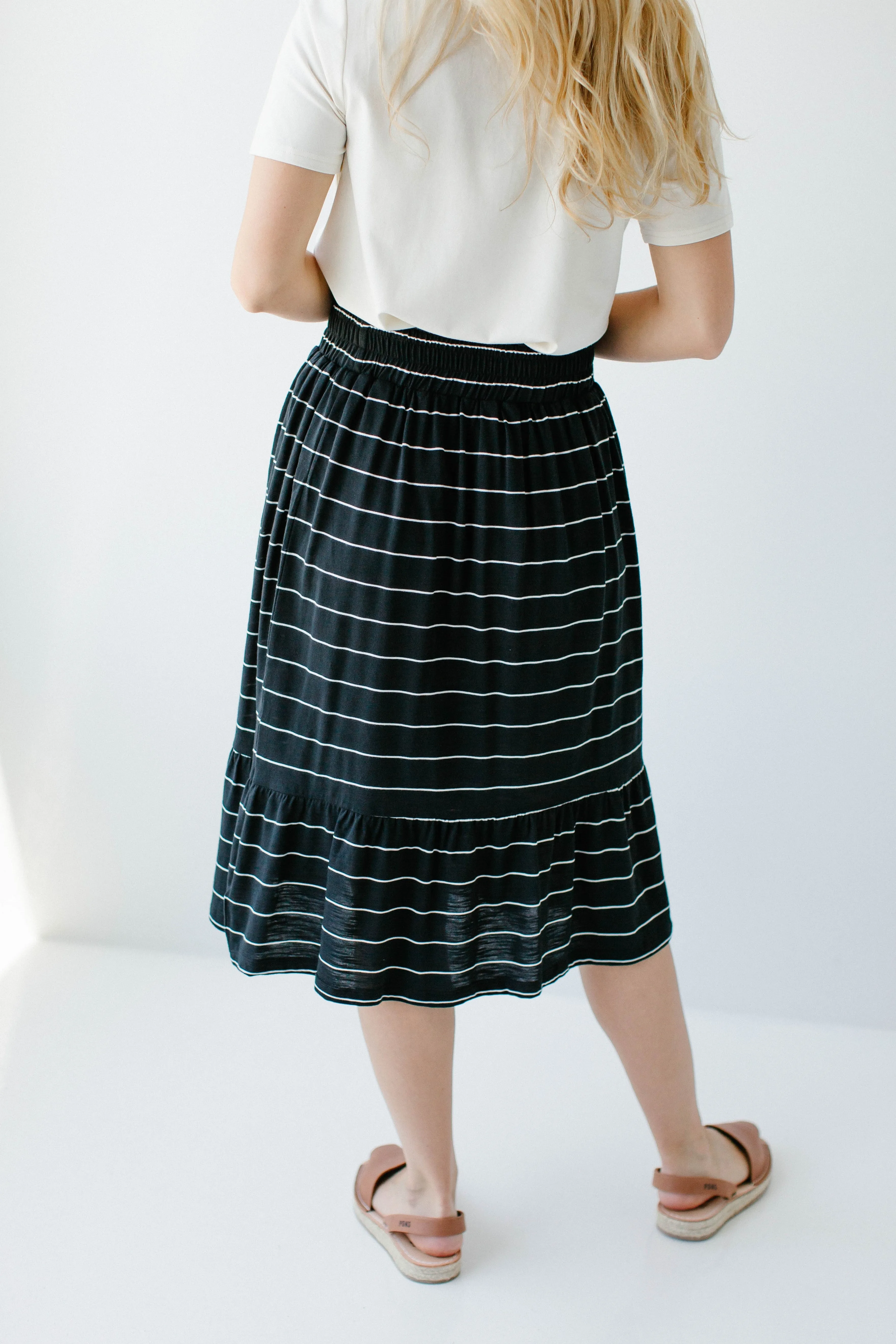 'Lorna' Cotton Blend Striped Midi Skirt in Black