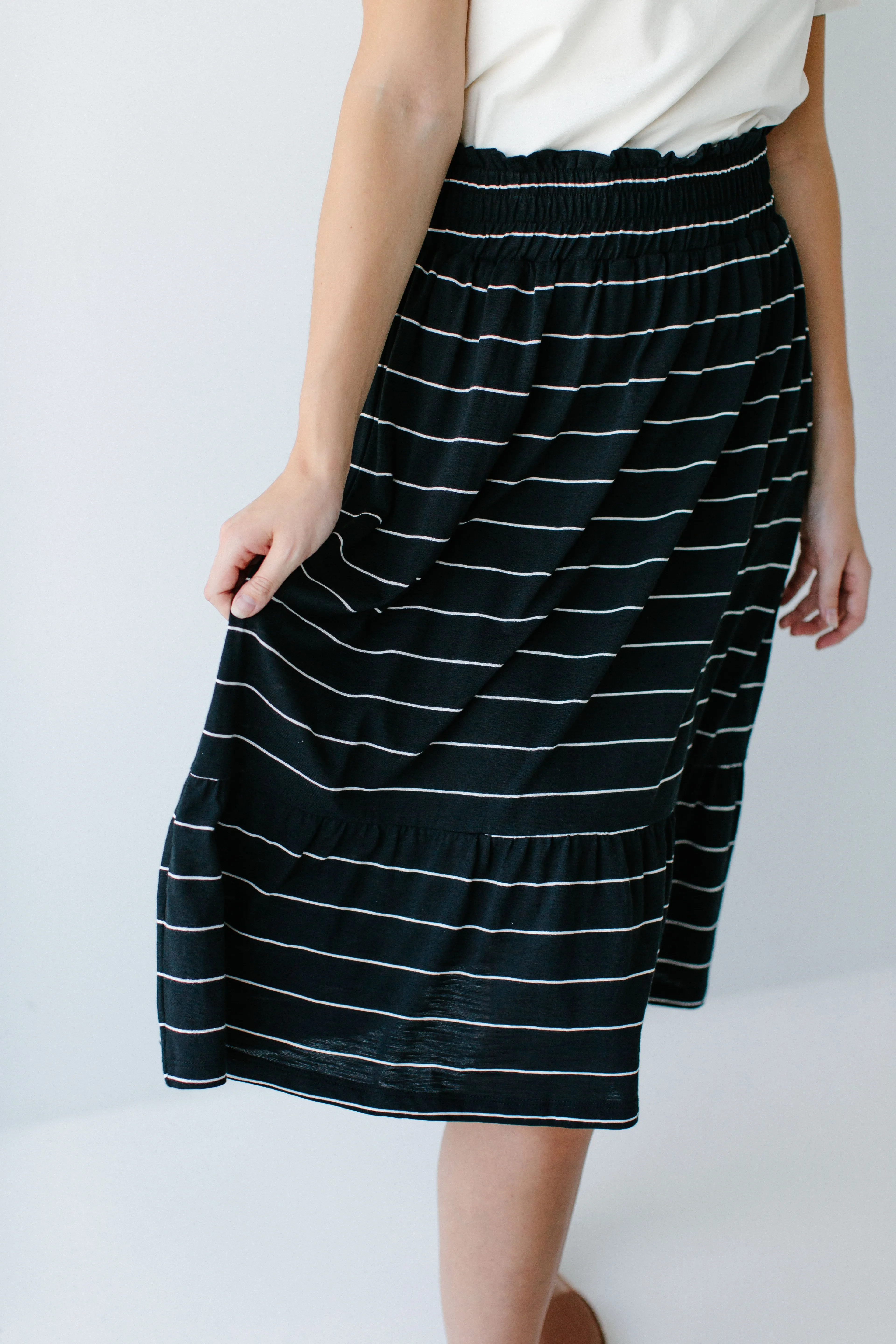 'Lorna' Cotton Blend Striped Midi Skirt in Black