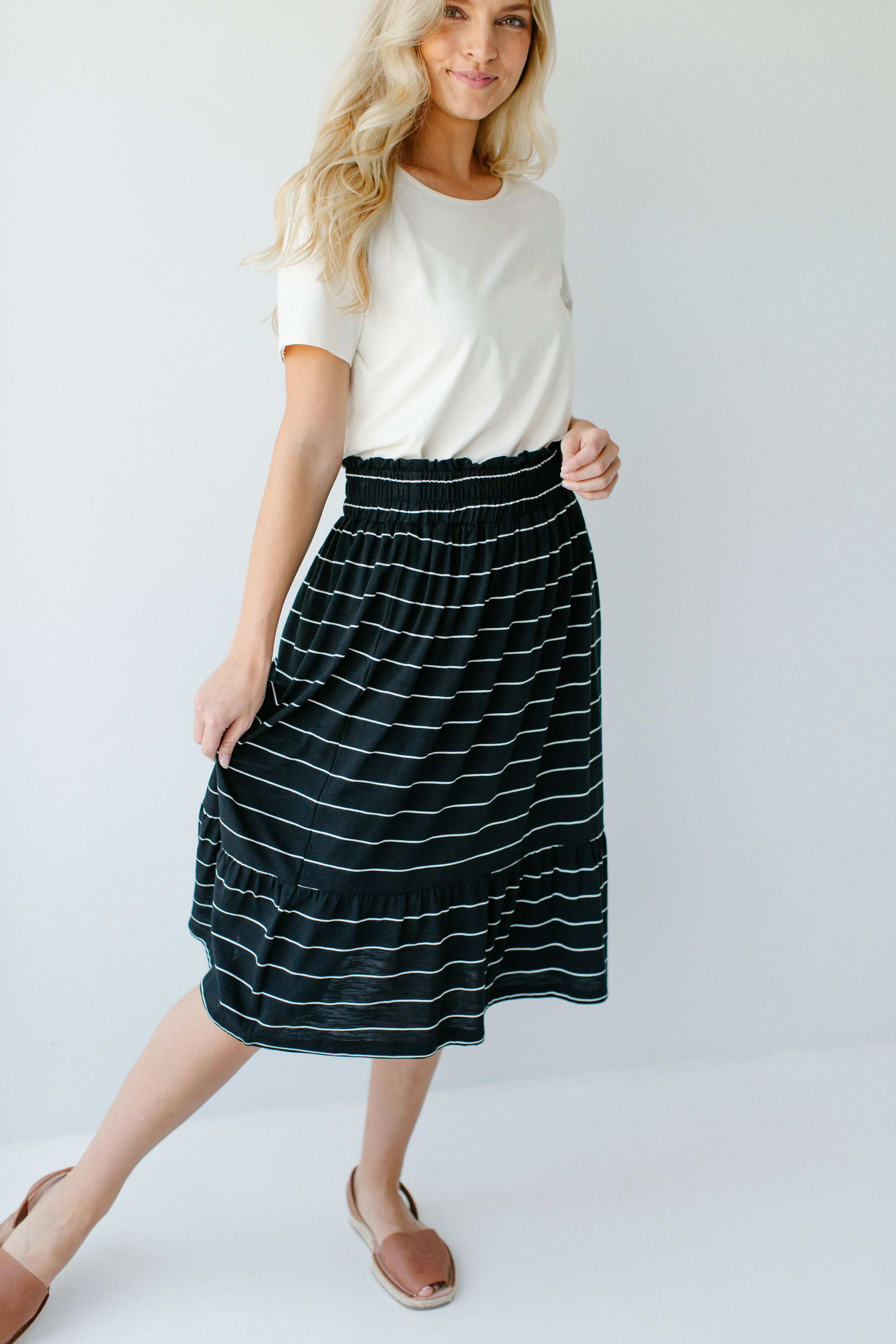 'Lorna' Cotton Blend Striped Midi Skirt in Black