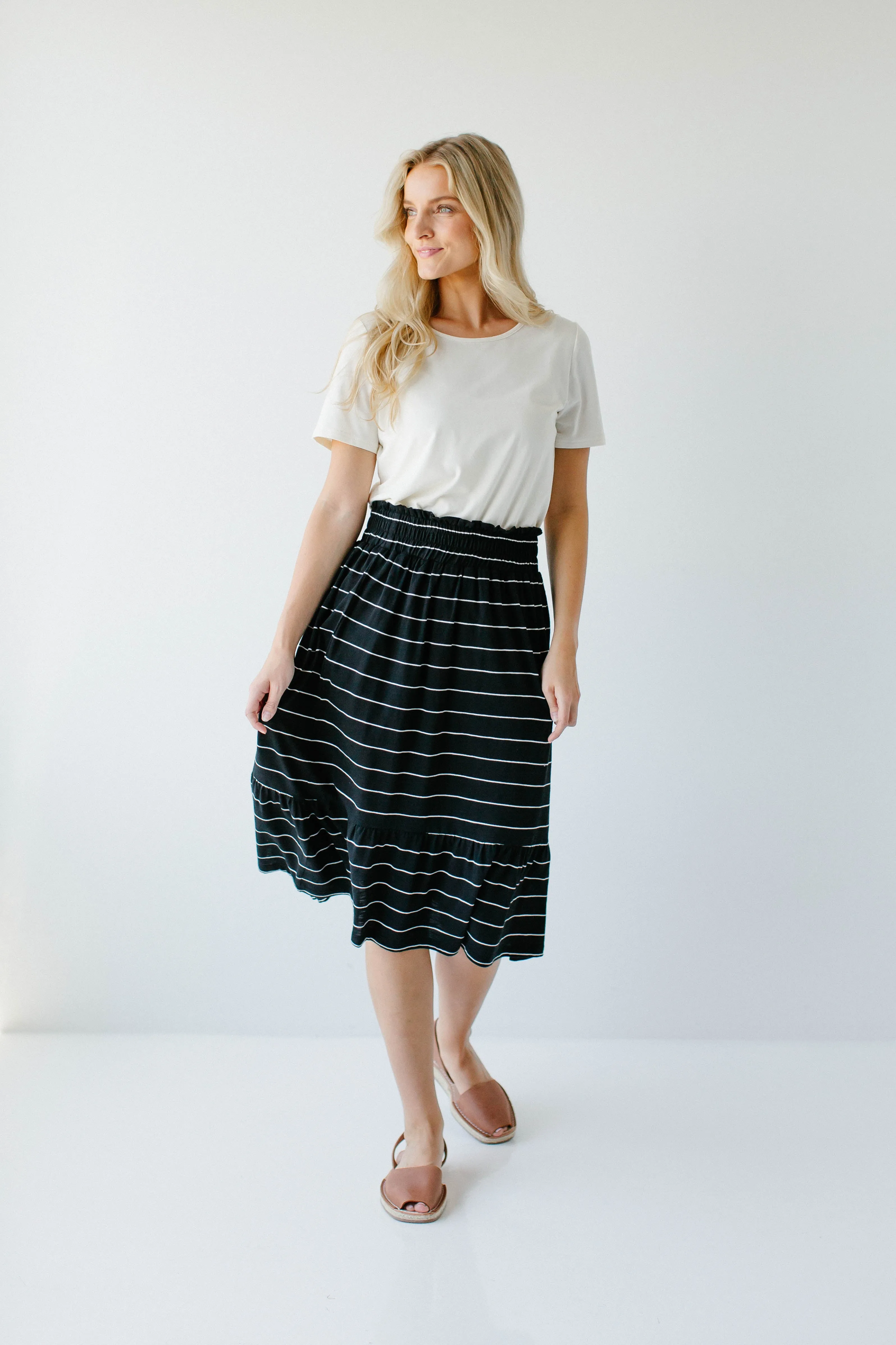 'Lorna' Cotton Blend Striped Midi Skirt in Black