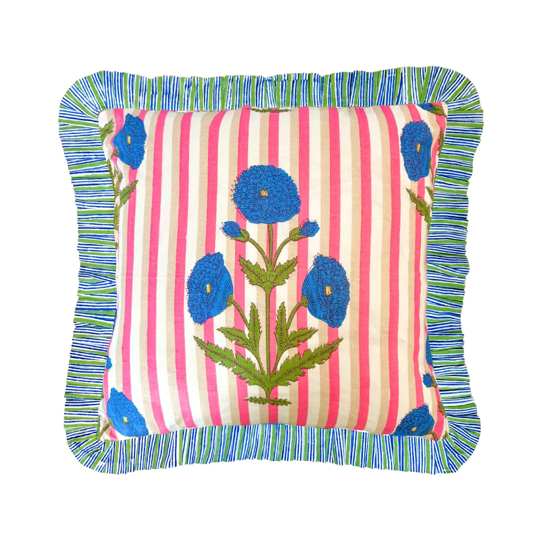 Marigold Stripes Block Print Throw Pillow, Pink