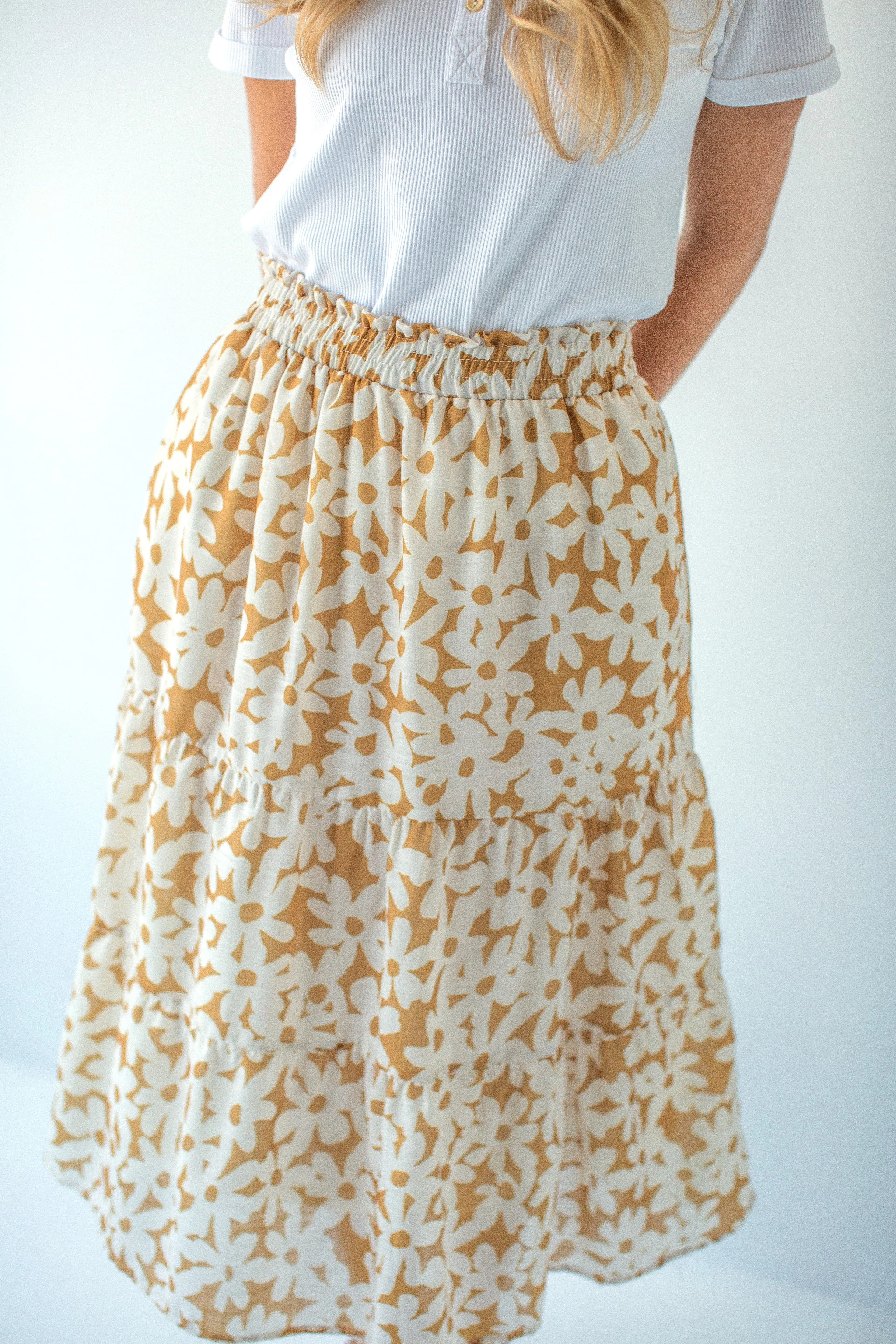 'Marisol' Flower Poplin Tiered Midi Skirt in Golden