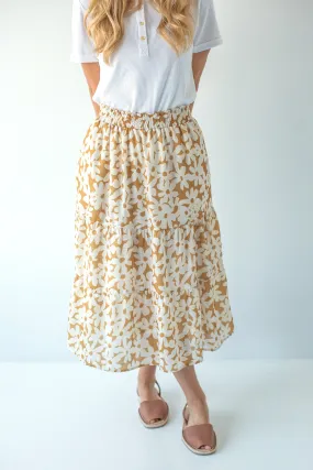 'Marisol' Flower Poplin Tiered Midi Skirt in Golden