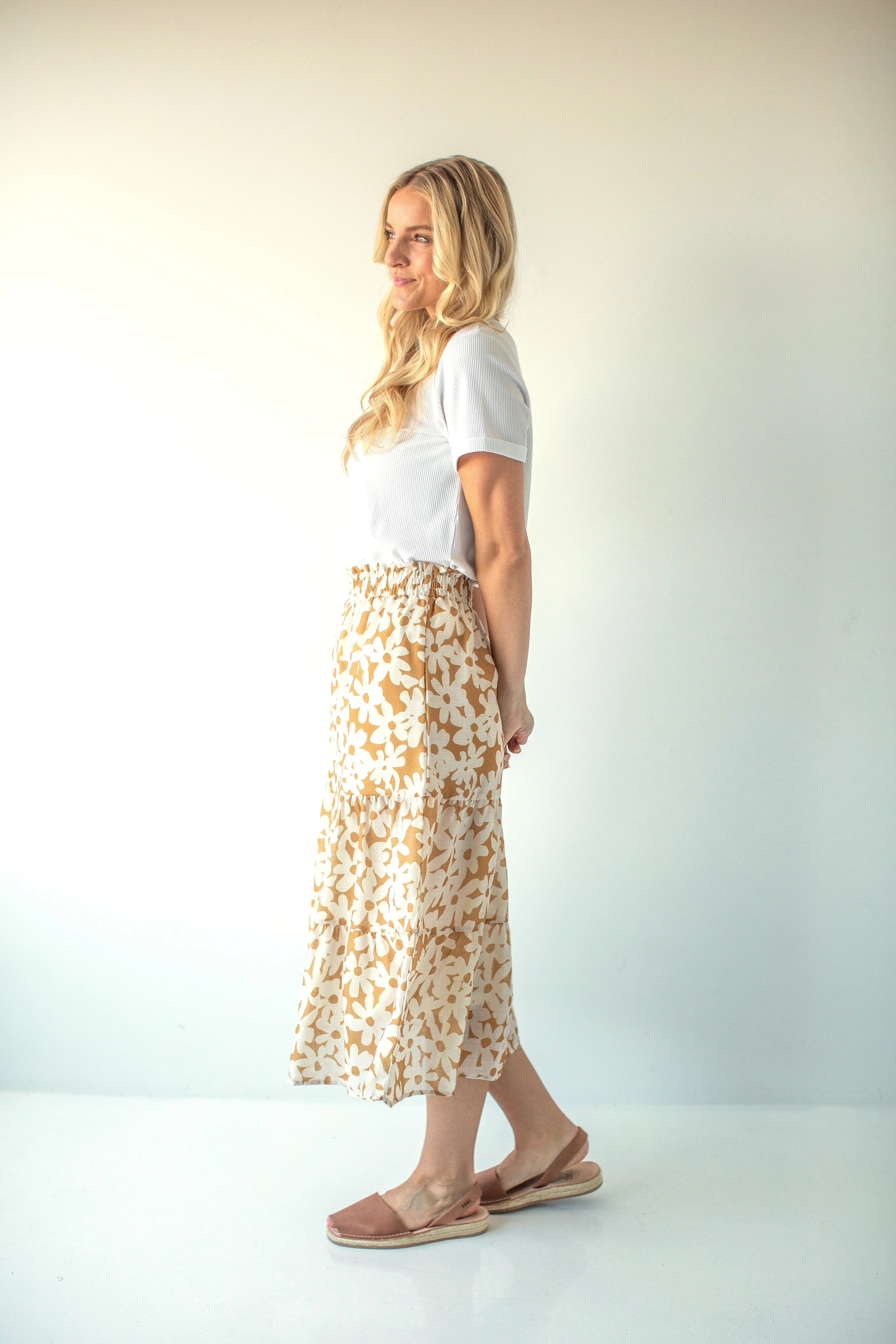 'Marisol' Flower Poplin Tiered Midi Skirt in Golden