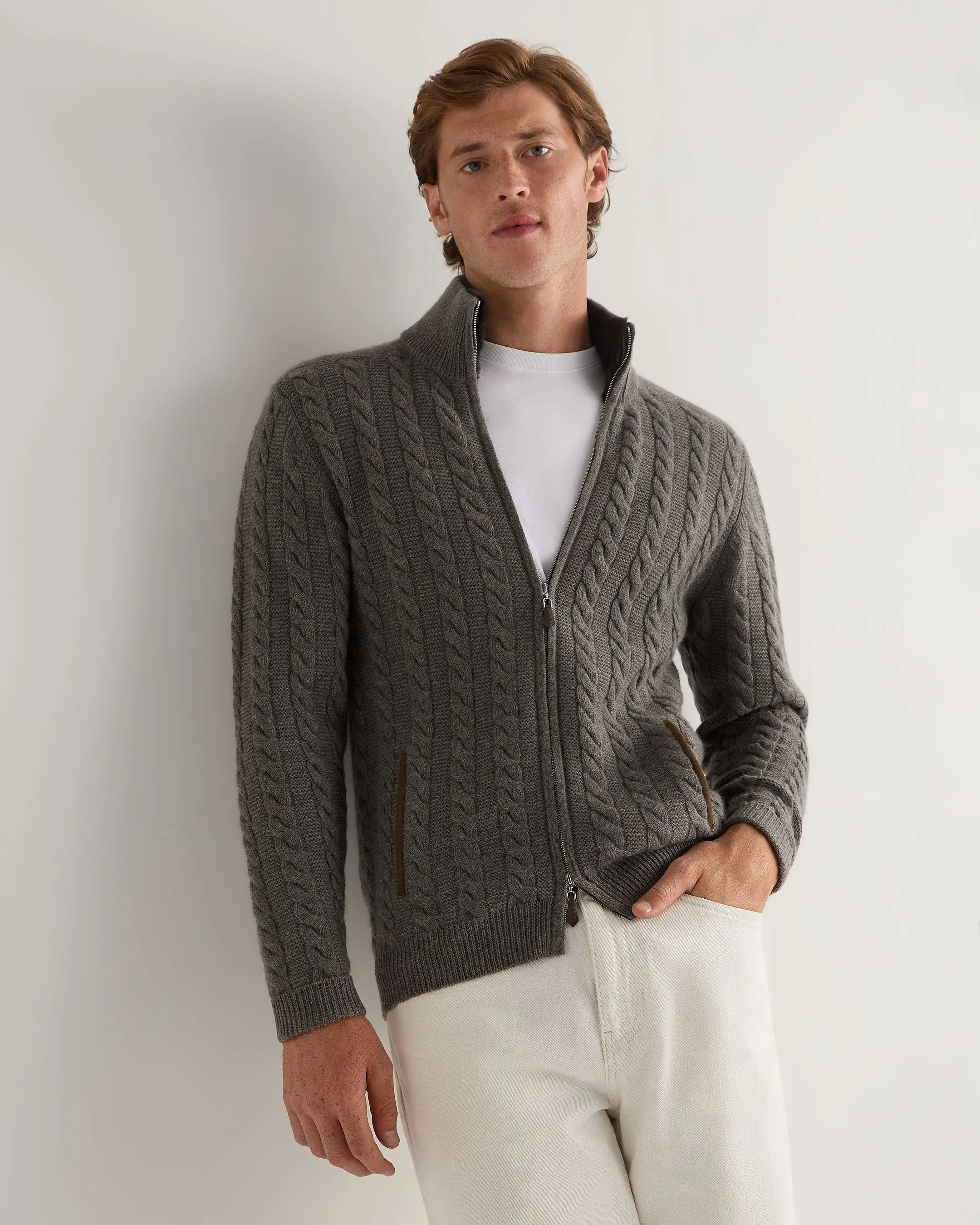 Men's Richmond Cable Cashmere Cardigan Wood Smoke Brown