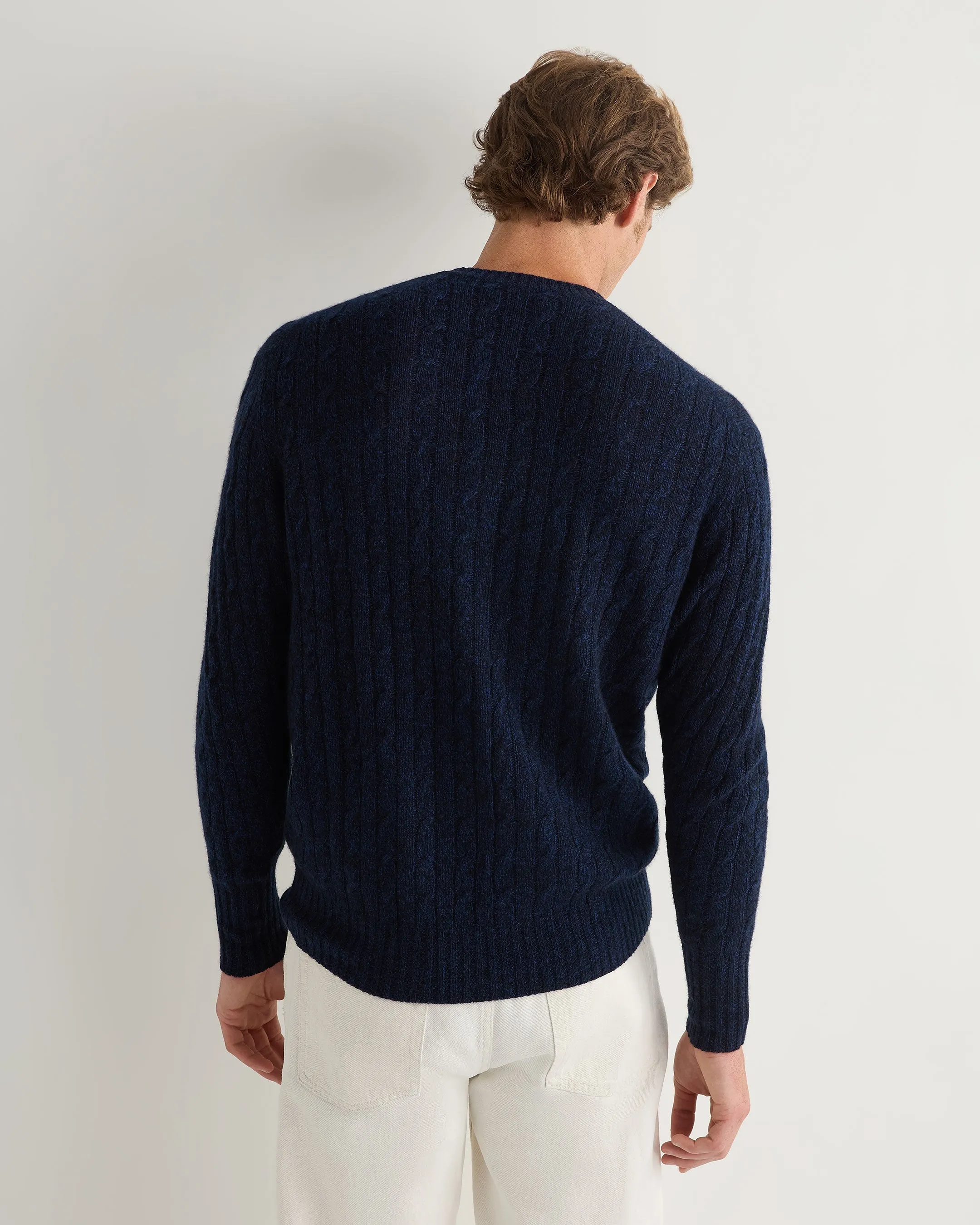 Men's Thames Cable Round Neck Cashmere Sweater Navy Blue Melange