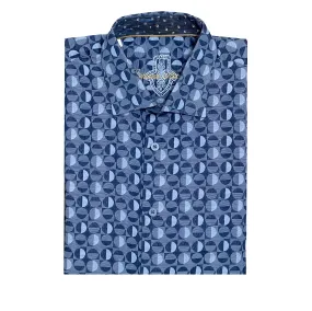 Men's Vintage Luchiano Visconti Blue Geometric Casual Sport Shirt - Large