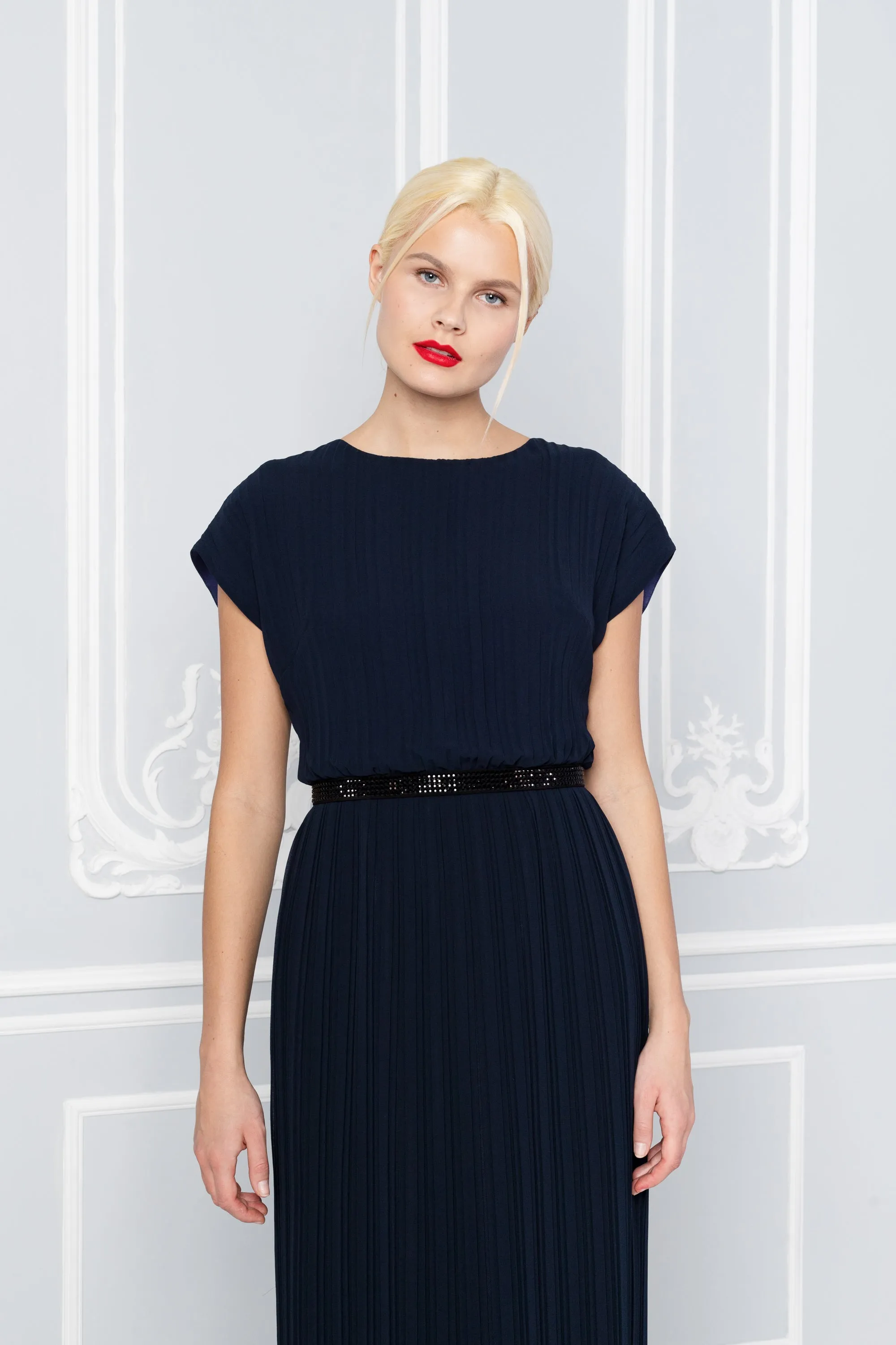 MERREMIA NAVY BLUE PLEATED GOWN