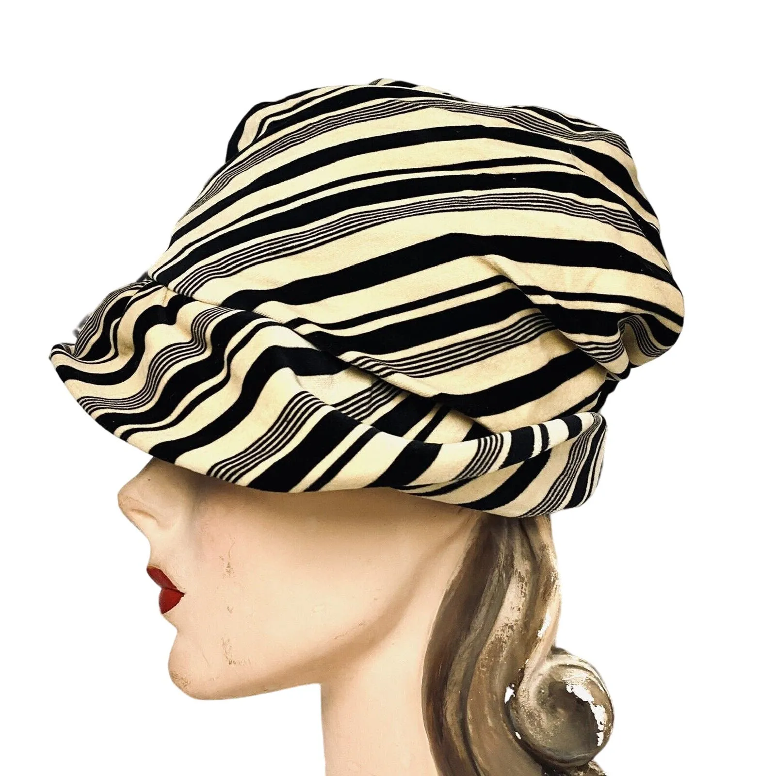 Mob wife Vtg CHRISTIAN DIOR Velvet Bucket Hat Striped Blk/Yell 1960s Small Head