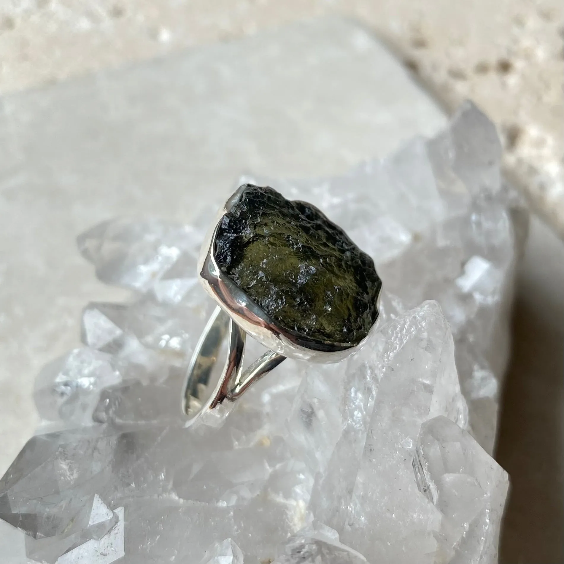 Moldavite Ring - Silver Contour