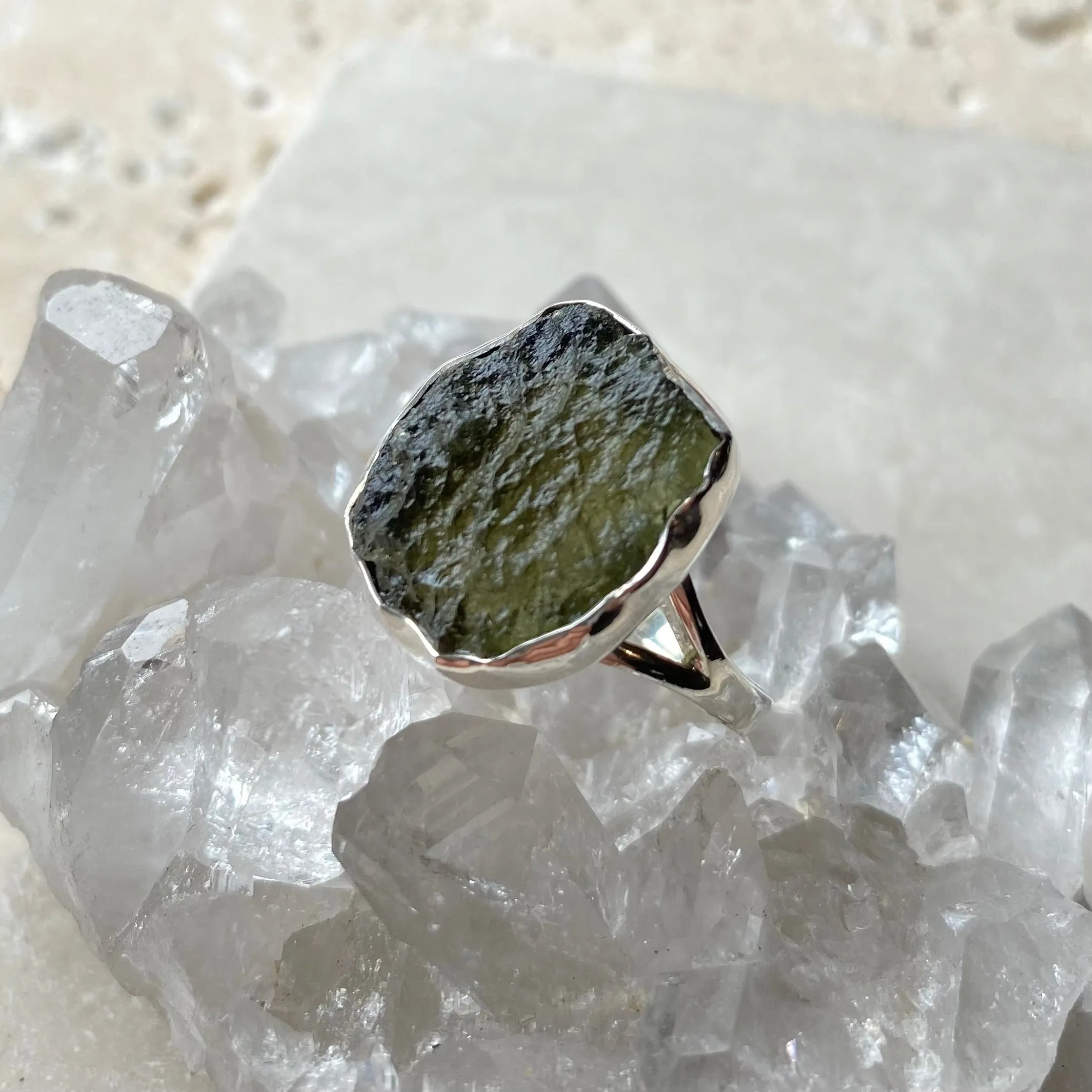 Moldavite Ring - Silver Contour