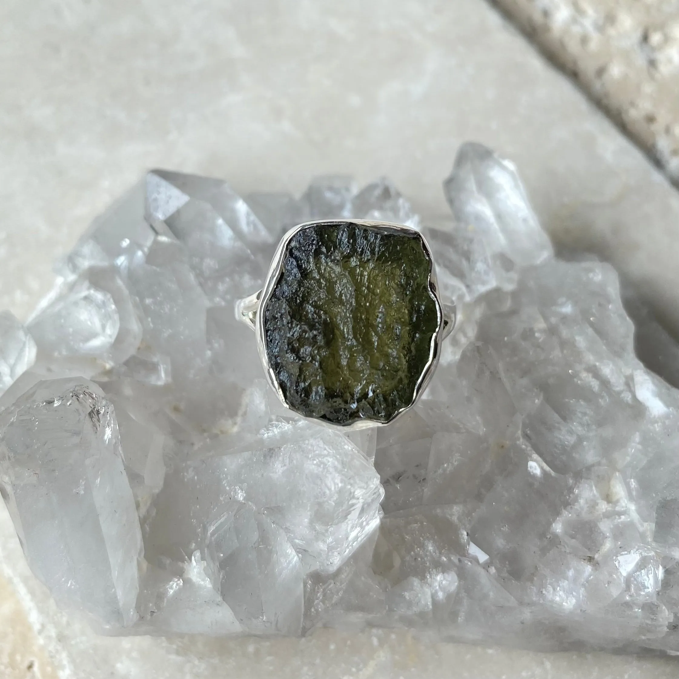 Moldavite Ring - Silver Contour