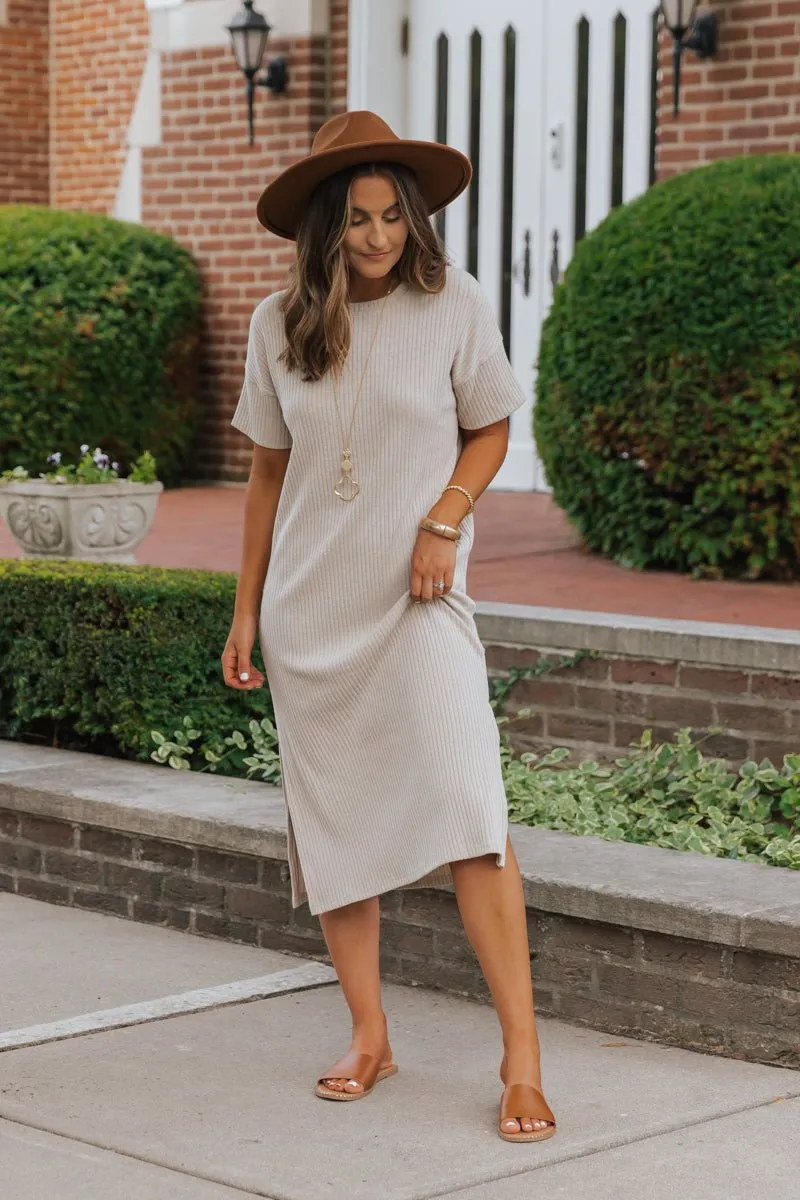 Oatmeal Ribbed Slit Midi Dress