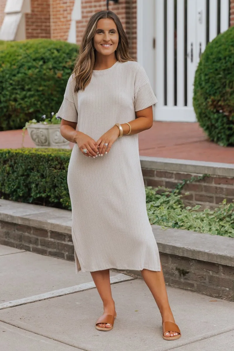 Oatmeal Ribbed Slit Midi Dress