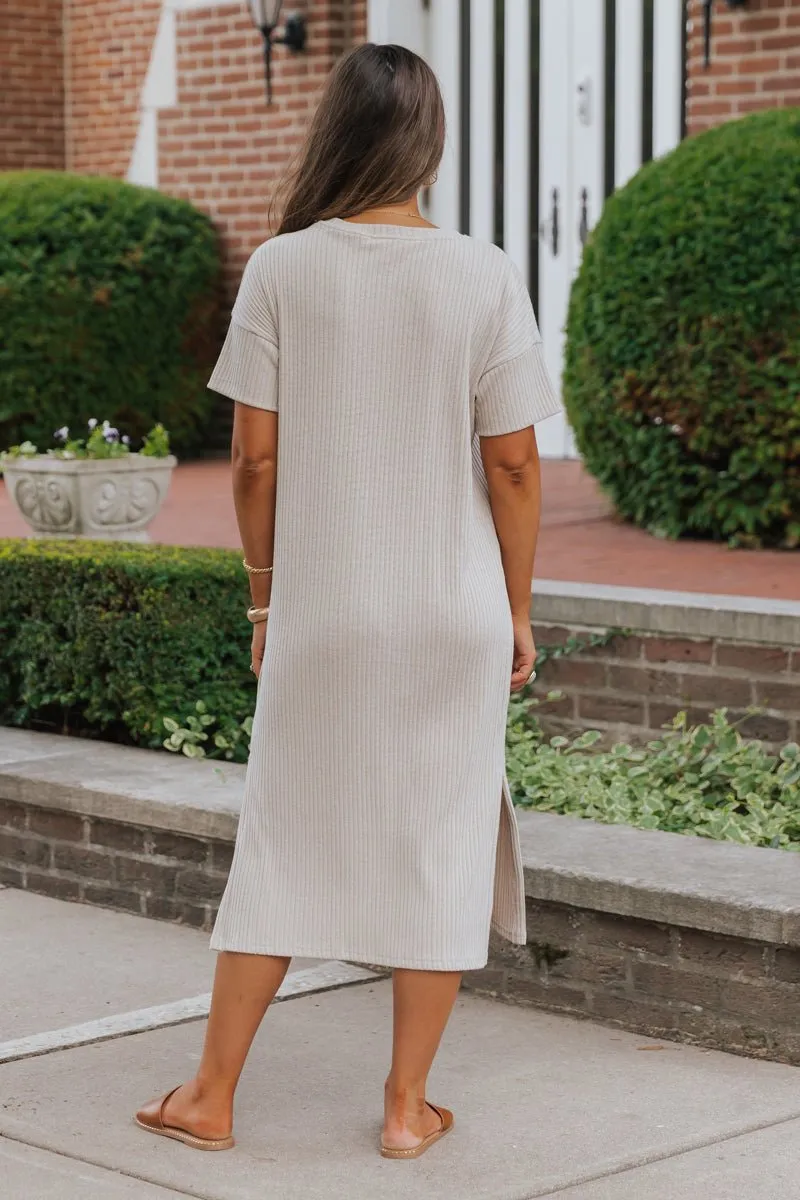 Oatmeal Ribbed Slit Midi Dress