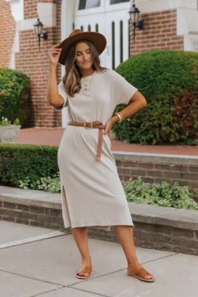 Oatmeal Ribbed Slit Midi Dress