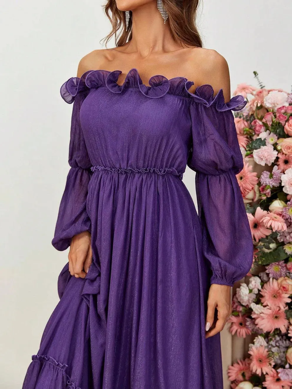 Off Shoulder Ruffle Trim A Line Dress