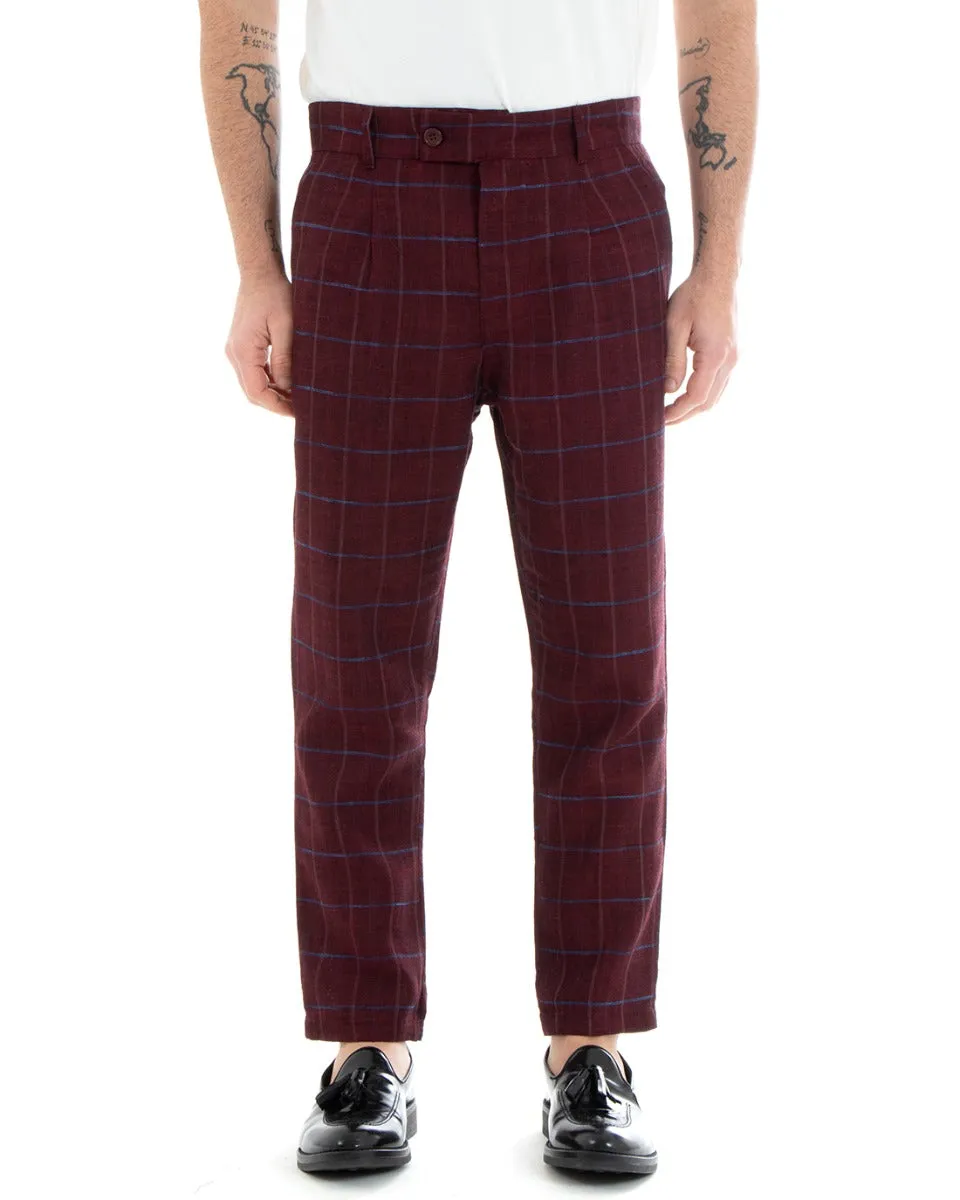 Pantaloni Uomo Tasca America Lino Classico Sartoriale Con Pinces Scozzese Bordeaux GIOSAL-P3826A