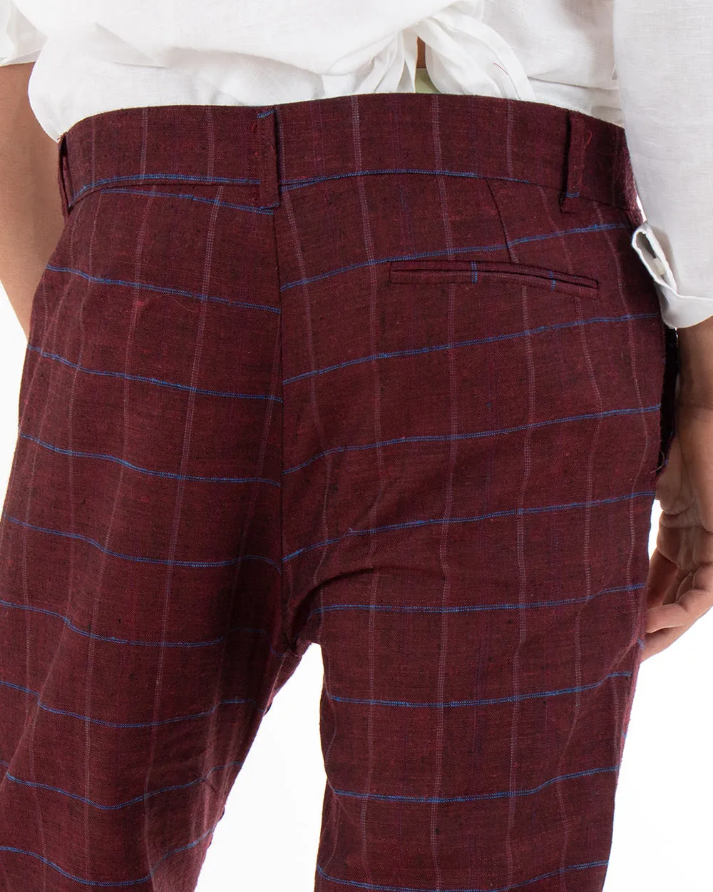 Pantaloni Uomo Tasca America Lino Classico Sartoriale Con Pinces Scozzese Bordeaux GIOSAL-P3826A