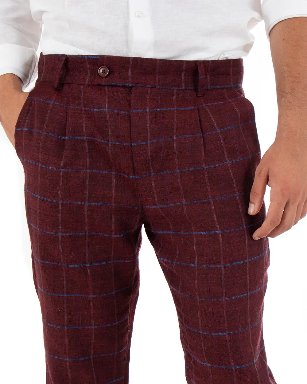 Pantaloni Uomo Tasca America Lino Classico Sartoriale Con Pinces Scozzese Bordeaux GIOSAL-P3826A