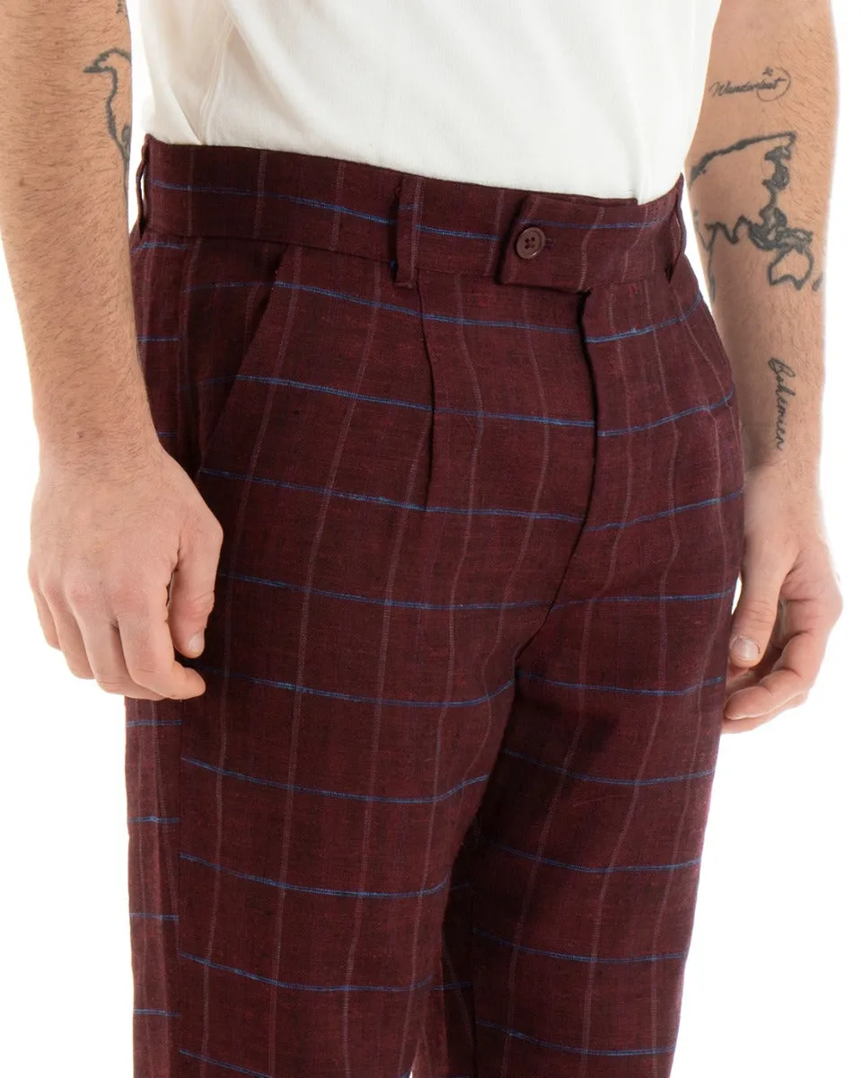 Pantaloni Uomo Tasca America Lino Classico Sartoriale Con Pinces Scozzese Bordeaux GIOSAL-P3826A