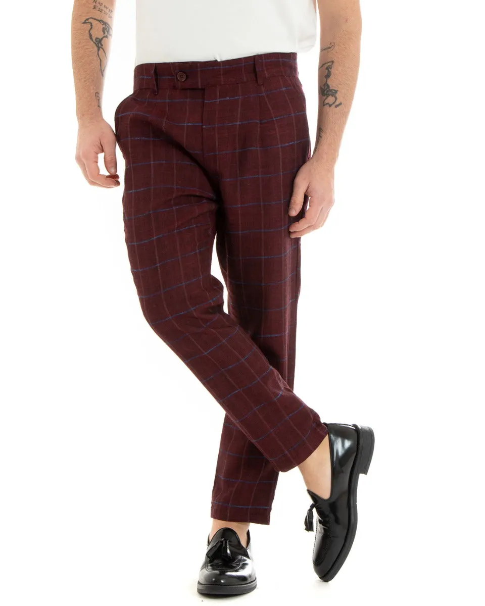 Pantaloni Uomo Tasca America Lino Classico Sartoriale Con Pinces Scozzese Bordeaux GIOSAL-P3826A