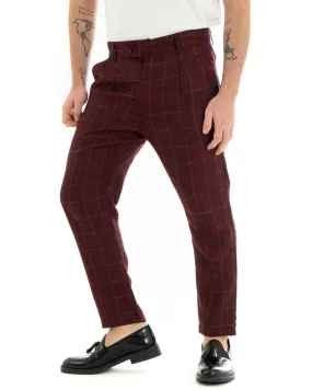 Pantaloni Uomo Tasca America Lino Classico Sartoriale Con Pinces Scozzese Bordeaux GIOSAL-P3826A