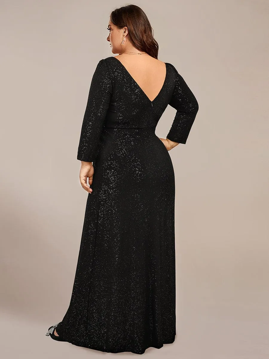 Plus Size Sparkling Long Sleeves Double V-Neck Sequin Evening Dress