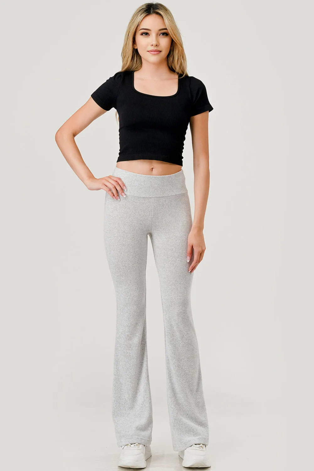 Soft Fuzzy Sweater Knit Flare Pants - Light Heather Gray