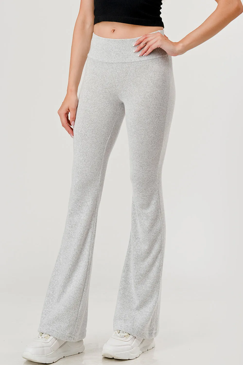 Soft Fuzzy Sweater Knit Flare Pants - Light Heather Gray