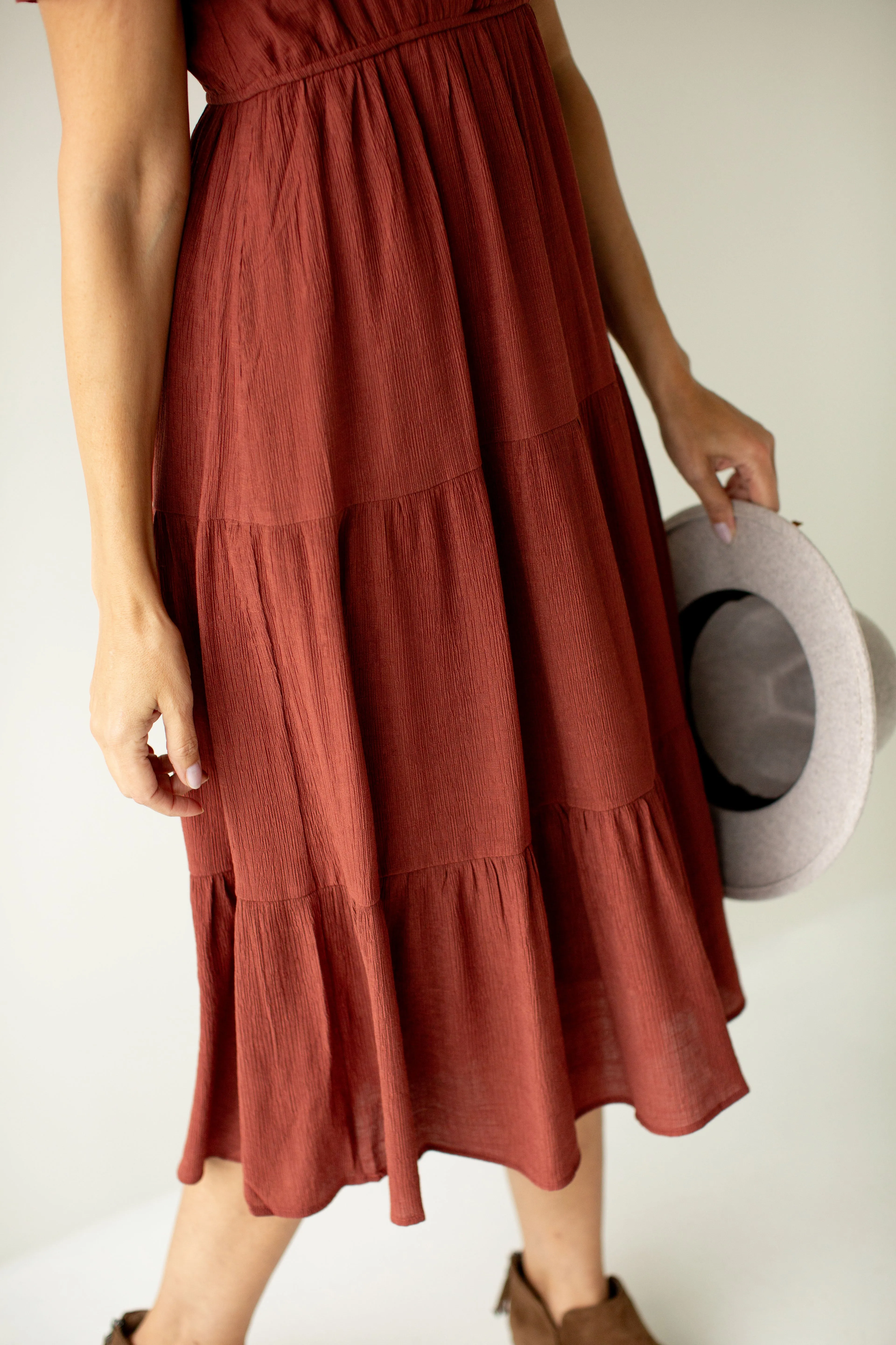 'Sonnet' Surplice Tiered Midi Dress in Cinnamon