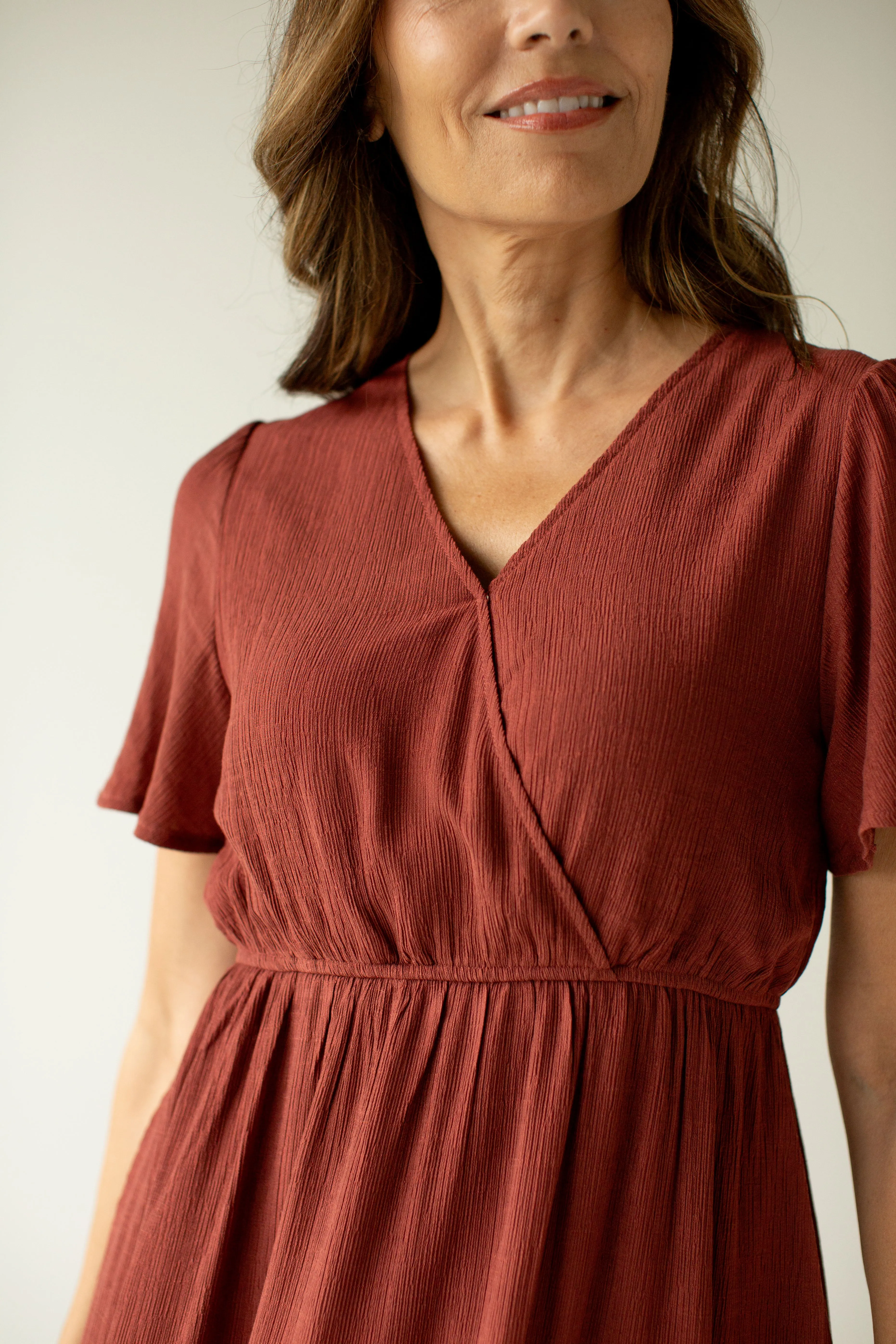 'Sonnet' Surplice Tiered Midi Dress in Cinnamon