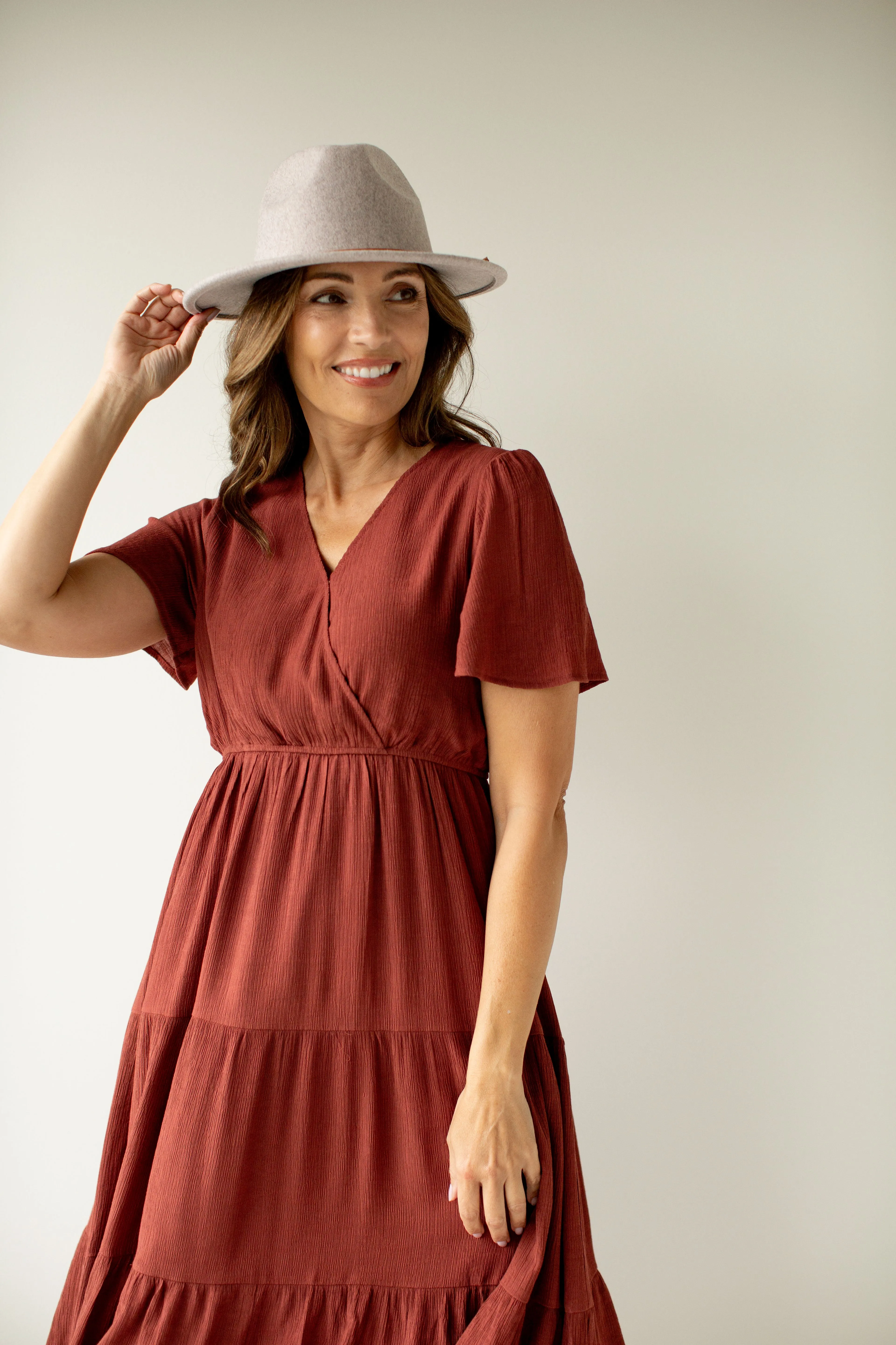 'Sonnet' Surplice Tiered Midi Dress in Cinnamon