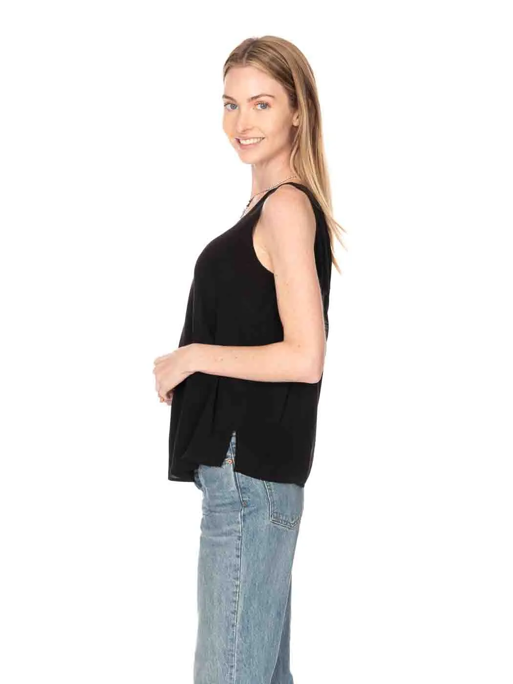 Tianello Crepe de Chine Washable Silk Lemley Tank-Black